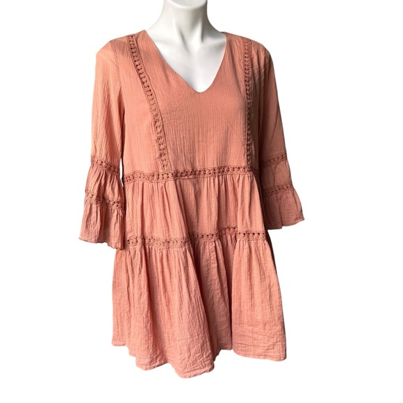 Listicle Boho V-Neck Tiered Bell Sleeve Cotton Mini Dress, Sz M - Picture 3 of 15